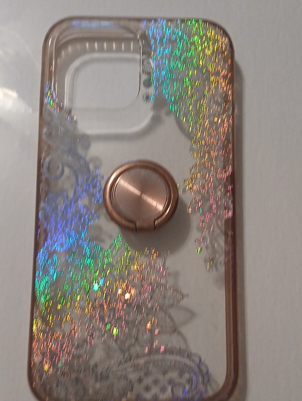 Clear Holographic Glitter Phone Case with Rose Gold Ring Grip